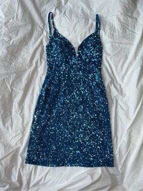Amarra Blue Sequin Lined V-Neck Mini Dress